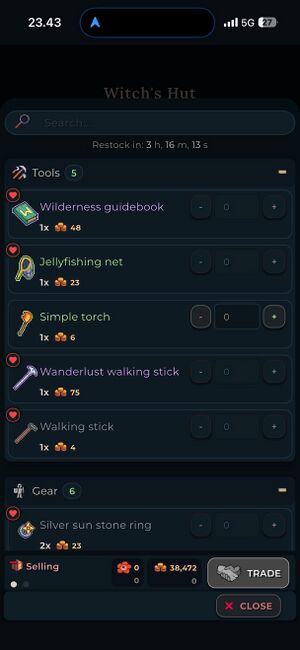A picture of the view when trading with the witch. Besides gold, it includes a rotbud symbol that looks like it would be a currency in this shop.